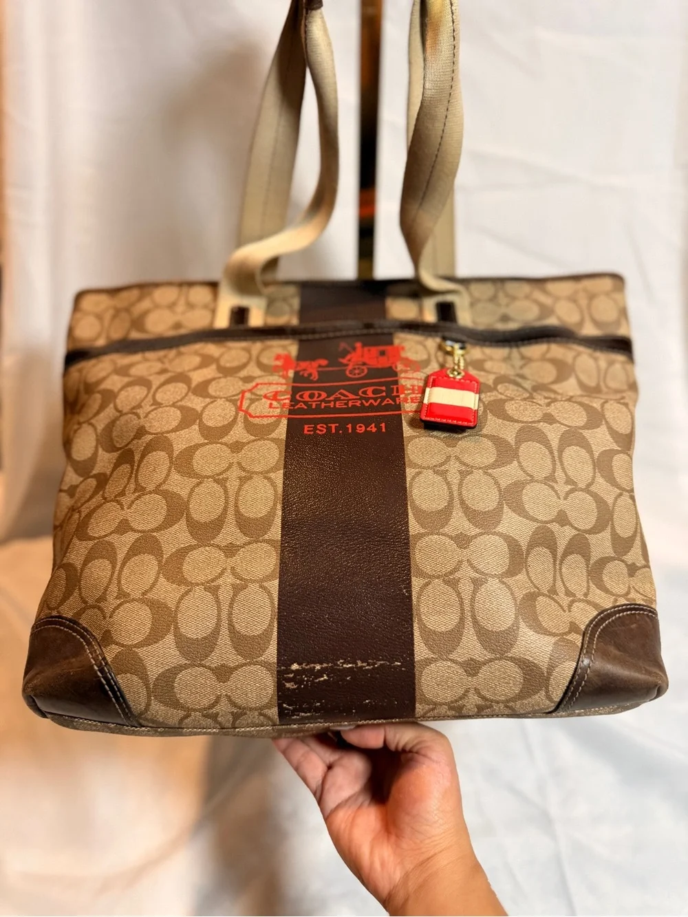 Coach Beige Signature Canvas Tote with Brown Trim and Red Logo